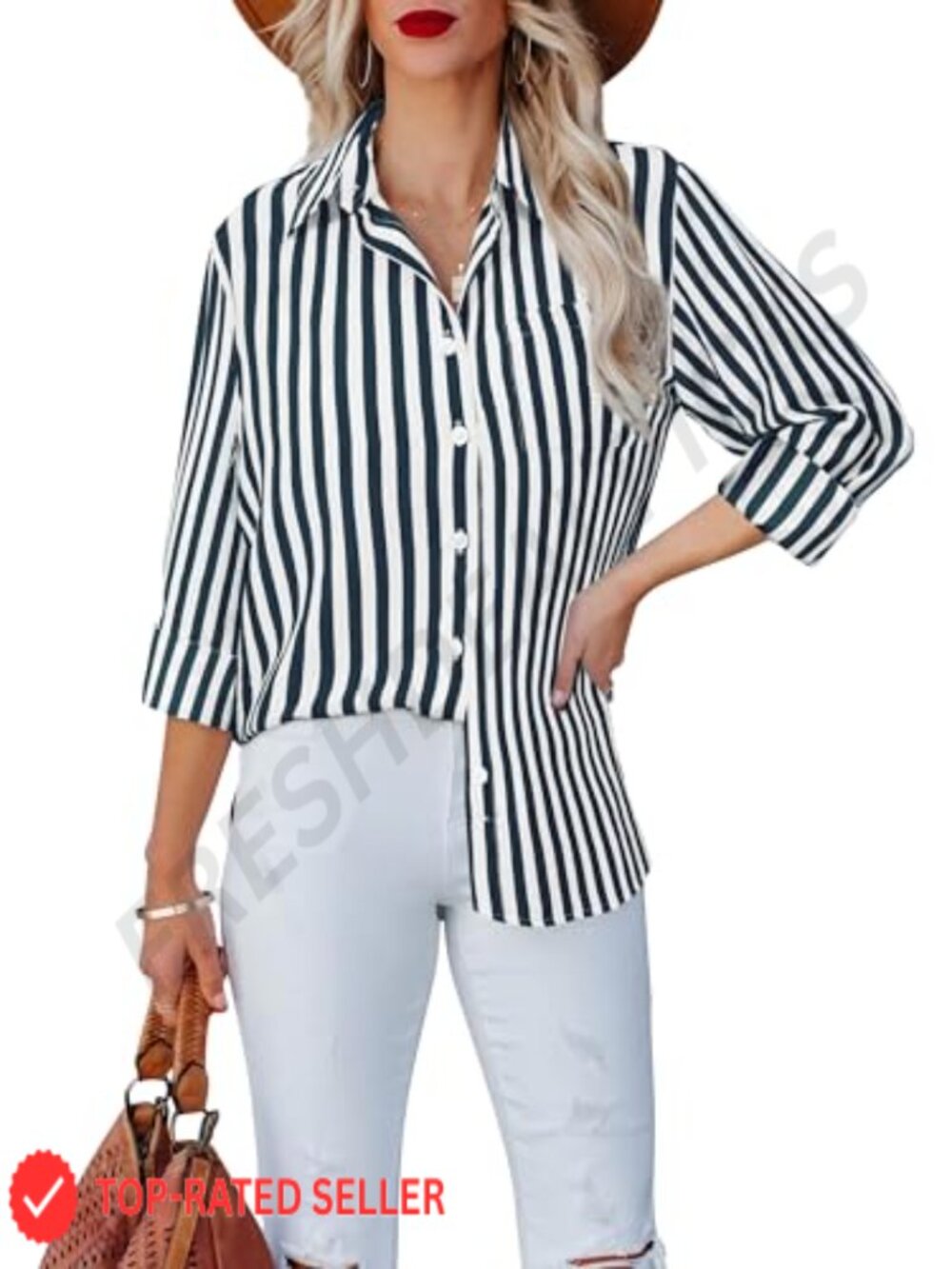 Women's Striped V-Neck Button Down Shirt Long Sleeve Rayon Linen Blouse Top